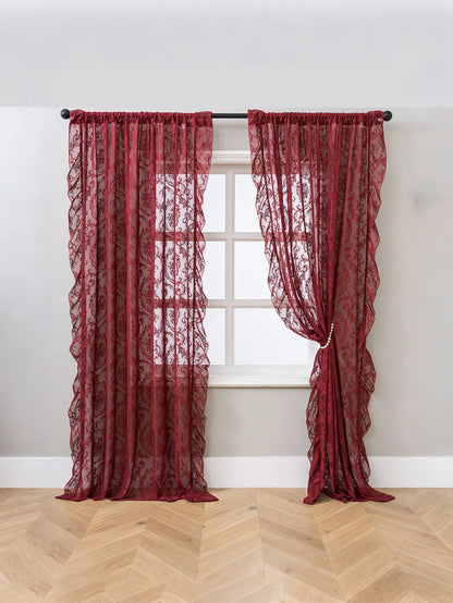 Vintage Burgundy Lace Sheer Curtains, Rod Pocket Ruffled Lace Window Curtains for Living Room Bedroom