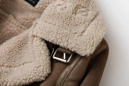 Winter Faux Shearling Sheepskin Fake Leather Jackets Lady Thick Warm Suede Lambs Motorcycle Brown Coats Mujer Chaqueta A407