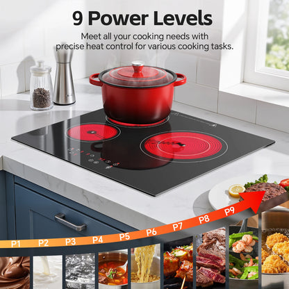 2-Zone Ceramic Hob, 3000W with Child Lock, 9 Heat Levels, 1-99min Timer, Black (CE Certified)