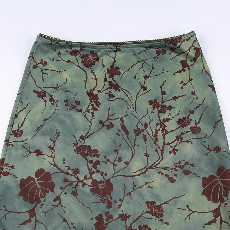 Harajuku Floral Print Long Skirt Vintage Low Rise Straight Midi Skirts for Women Autumn Basic All-match Skirts Ladies Y2k
