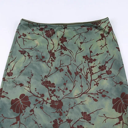 Harajuku Floral Print Long Skirt Vintage Low Rise Straight Midi Skirts for Women Autumn Basic All-match Skirts Ladies Y2k