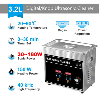 Ultrasonic Bath 3.2L 180W Cleaner Machine Power Adjust Hot Water Cleaning Bath Oil Nozzle Spark Plug Small Fuel