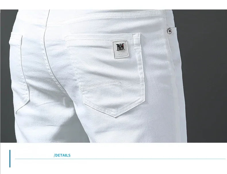 2026 Spring New Men Slim Jeans 98% Cotton White Stretch Straight Casual Fashion Pencil Pants High Quality Trousers Male Clothes