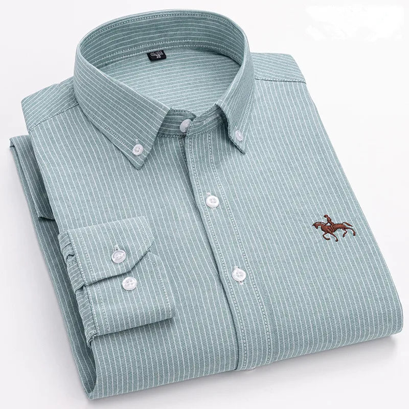 Basic Oxford Dress Shirt For Men Long Sleeve 100% Pure Cotton Solid  Casual Plaid Striped Social Business Male Regular-Fit S-6XL