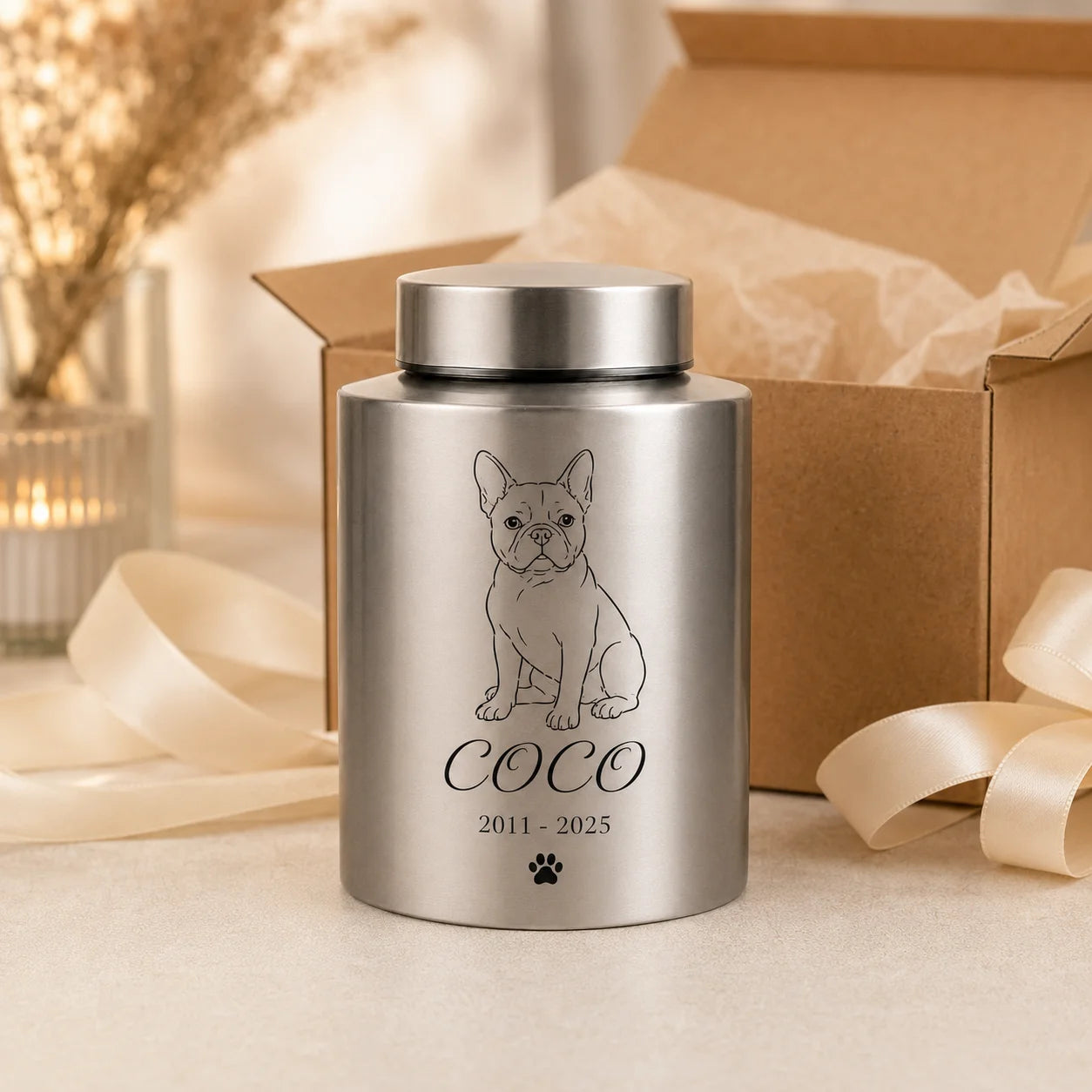 Personalized Pet Ash Urn with Photo Upload AI Minimalist Portrait Stainless Steel Memorial Cat Dog Bone Container with Custom Na