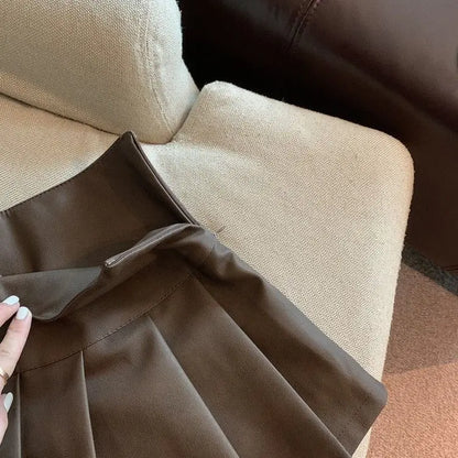 S-3XL Y2K Pu Leather Mini Skirts Women Streetwear High Waist Pleated Skirt Vintage Korean Black Slim Casual A Line Skirts