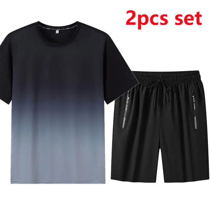 1pc/2pcs Summer Men's Quick Dry T-shirt Shorts Plus Size Short-sleeve Tee Sport Set Casual Shirt Elastic Waist Pant Male Clothes