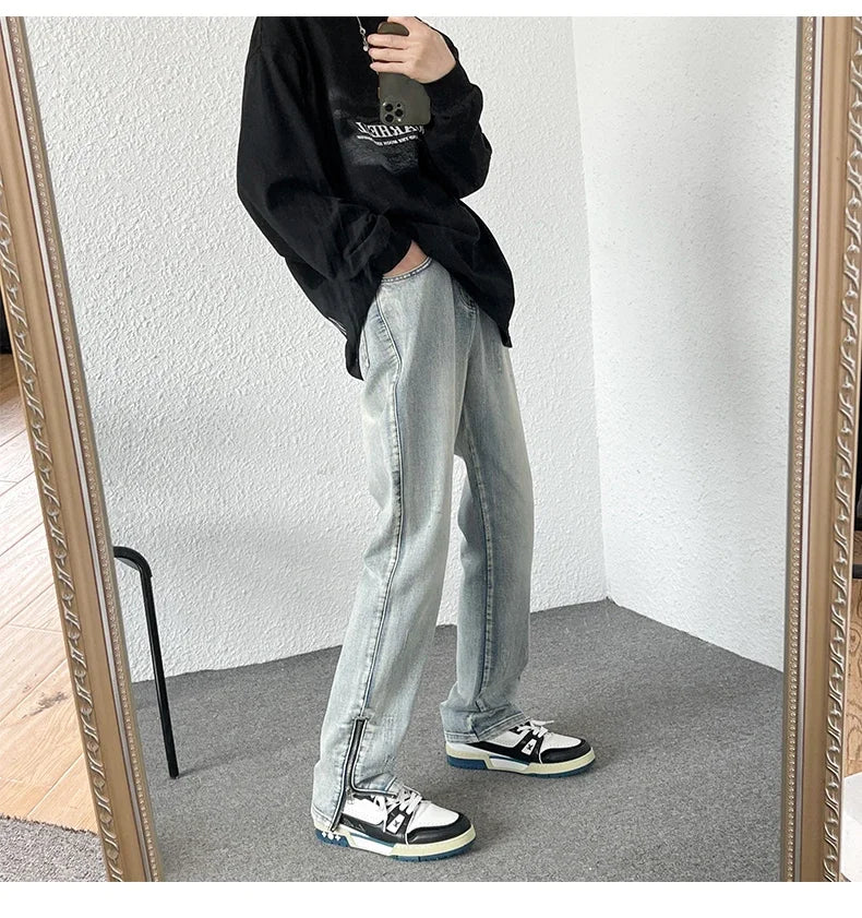 2024 Spring Autumn Korean Men Fashionable Retro Street Jeans Zip Design on Trouser Legs Straight-leg Denim Pants Men's Clothing
