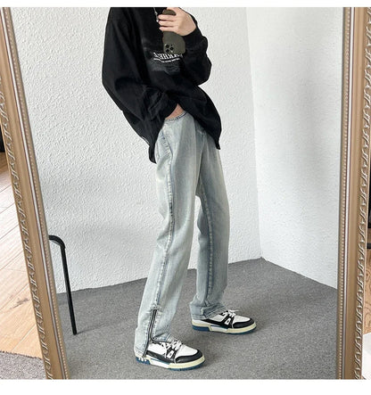 2024 Spring Autumn Korean Men Fashionable Retro Street Jeans Zip Design on Trouser Legs Straight-leg Denim Pants Men's Clothing