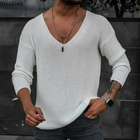 New 2026 Men's Casual Long Sleeve Knitted Sweaters Tops Solid Fashion Pullover Tops For Men Harajuku V-neck Streetwear Jumper