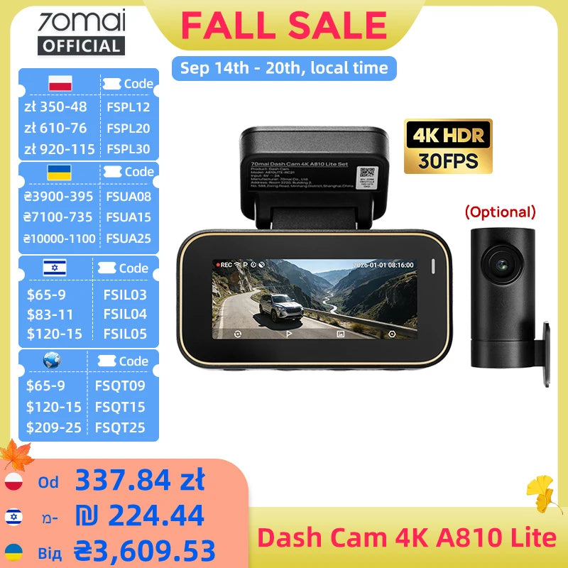 70mai Dash Cam A810 Lite 4K HDR + 1080P, Supercapacitor 4G LTE Remote Control Wi-Fi 6 GPS Voice Control Car DVR 70mai A810 Lite