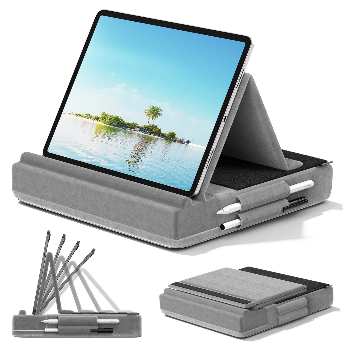 Upgraded Tablet Pillow Stand Multi-Angle Viewing Ipad Holder for Lap Bed and Desk Foldable Soft Pad Dock with Stylus Mount