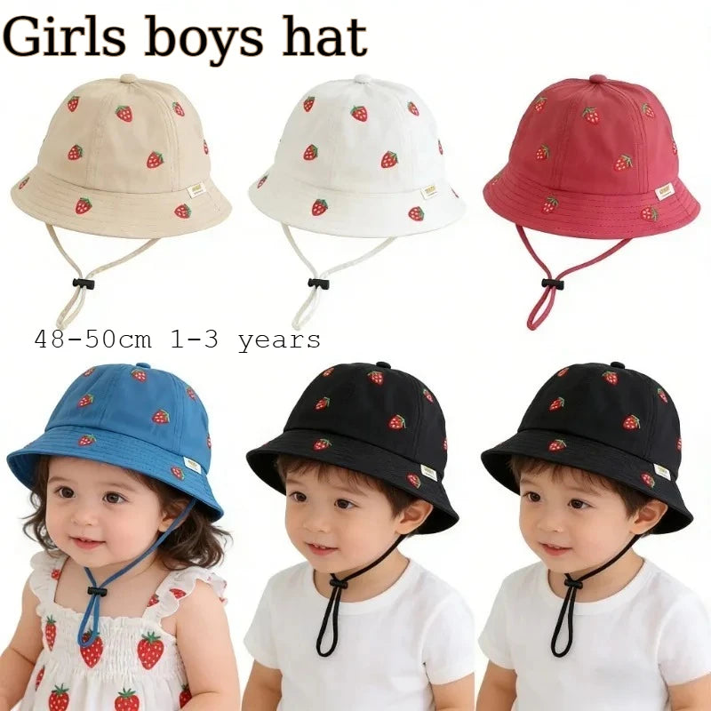Boys Cute Sun Bucket Cap 48-50cm Spring Summer New Girl Fisherman Hat with Strawberry Embroidery Fashion Kids Toddler Outfit Cap