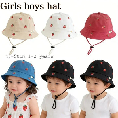 Boys Cute Sun Bucket Cap 48-50cm Spring Summer New Girl Fisherman Hat with Strawberry Embroidery Fashion Kids Toddler Outfit Cap