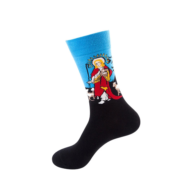 1 Pair Van Gogh Starry Night Cotton Socks Women Men Mona Lisa Oil Painting Retro-classical Series Skateboard Casual Couple Socks