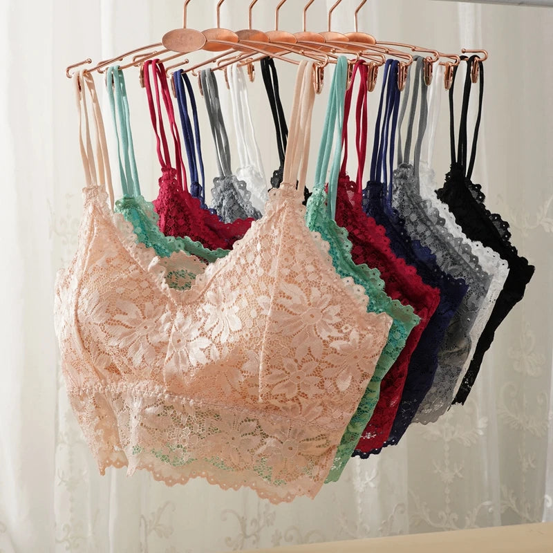 Lace Flower Suspender Top for Women Sexy Hollow Skin-friendly Solid Color Removable Pad Wireless Bra