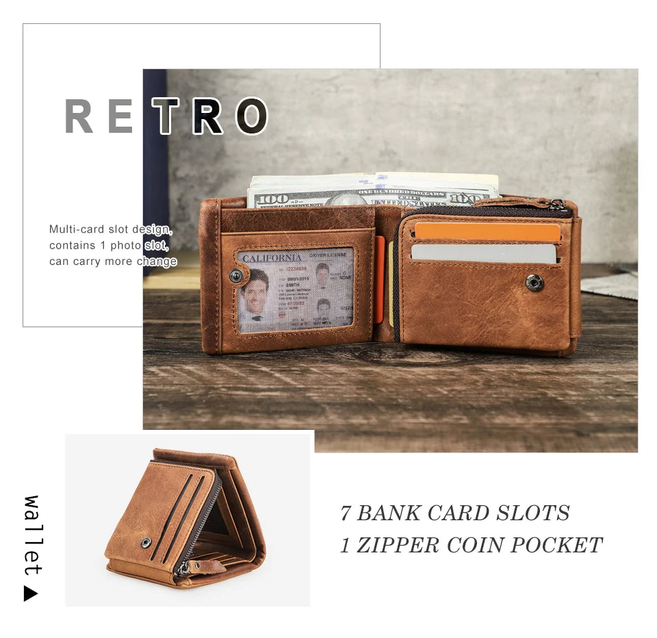 CONTACT'S Genuine Leather Short Wallets for Men Trifold Card Holder Money Clip Coin Purse Male Pocket Wallets Men's Purse Bags