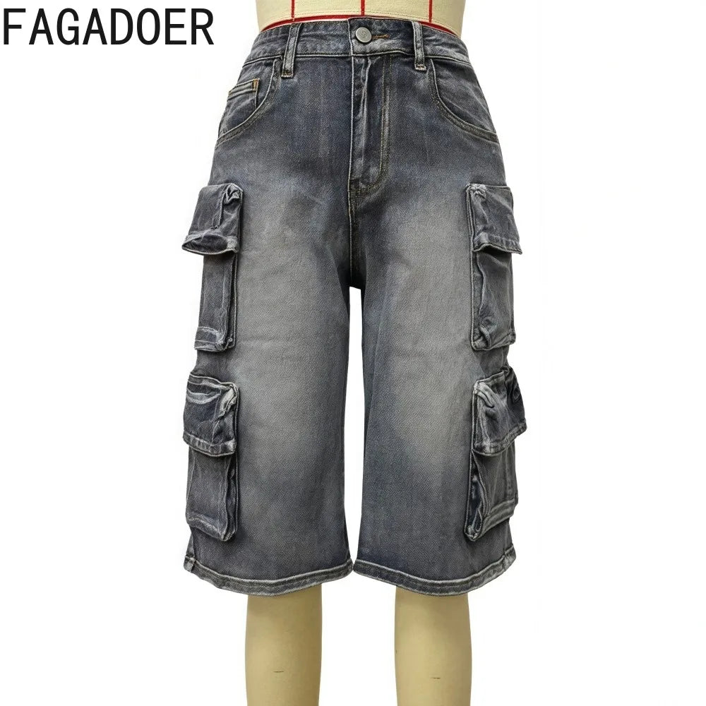 FAGADOER Fashion Straight Washed Denim Woman Solid Color Cargo Pants Patchwork Jeans Trousers Female Y2k Streetwear Bottoms New