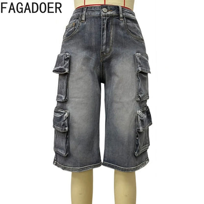 FAGADOER Fashion Straight Washed Denim Woman Solid Color Cargo Pants Patchwork Jeans Trousers Female Y2k Streetwear Bottoms New