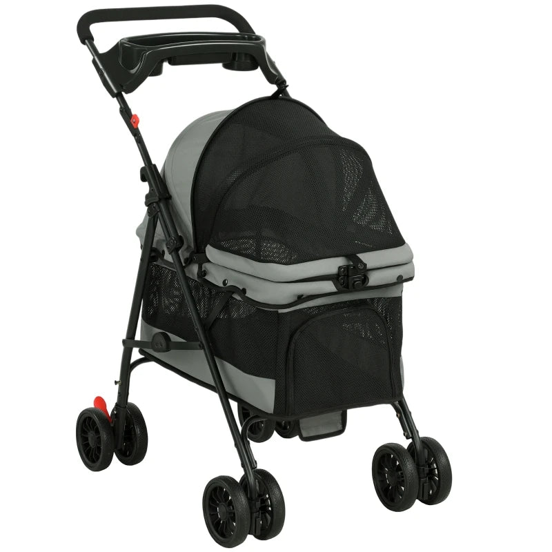 Foldable Pet Stroller for Small Dogs up to 10kg, Lightweight Dog Buggy with Mesh Windows, 360° Swivel Wheels, Brake, Removable Cushion, Cup Holder & Storage, Ideal for Travel, Gray