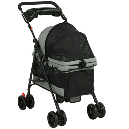 Foldable Pet Stroller for Small Dogs up to 10kg, Lightweight Dog Buggy with Mesh Windows, 360° Swivel Wheels, Brake, Removable Cushion, Cup Holder & Storage, Ideal for Travel, Gray