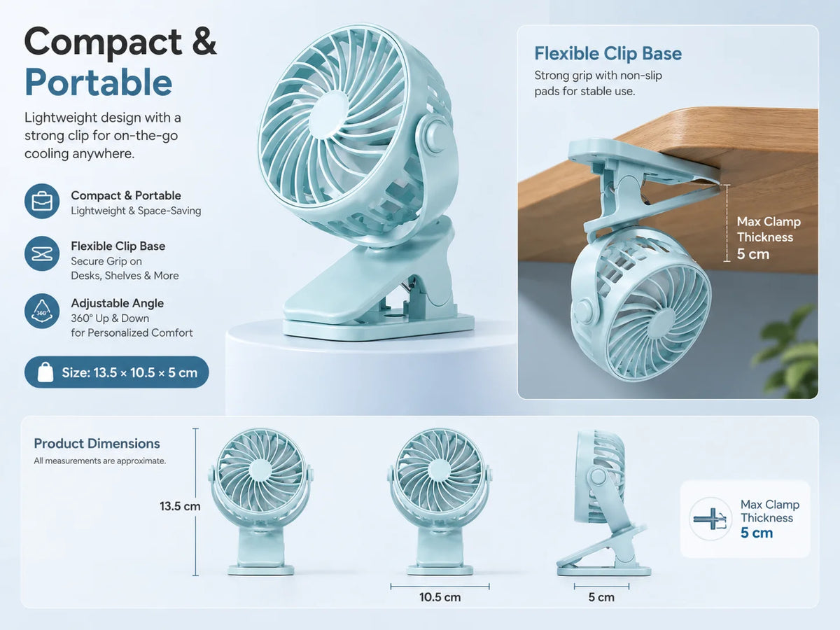 Rechargeable Fan 720° Rotating Hanging Clip Fan with Nightlight for Easy Portability Office Bedroom Dormitory Outdoor Small Fan
