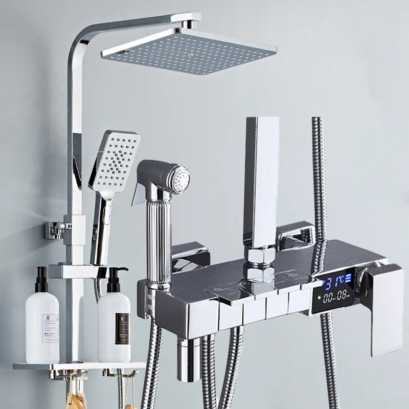 Gold Piano Digital Display Bathroom Shower Set Brass Bathroom Faucet Accessories Thermostatic Digital Bathroom Shower System