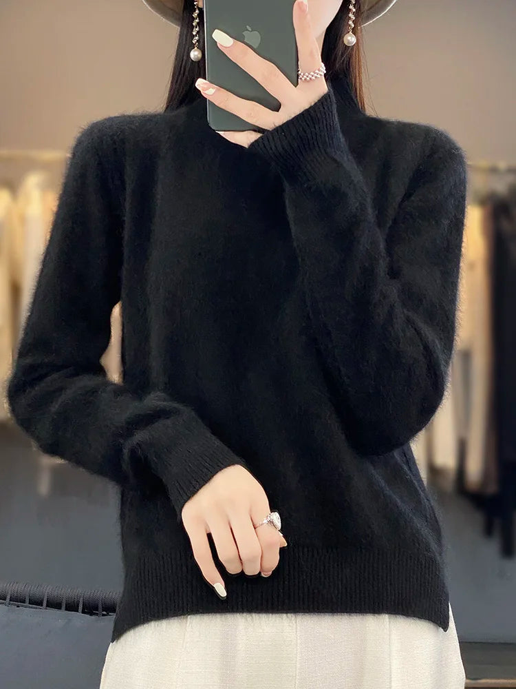 100% Mink Cashmere Sweater Women's Half High Collar Pullover Long Sleeve Cashmere Knitwear Fashion Autumn Winter Female Clothing