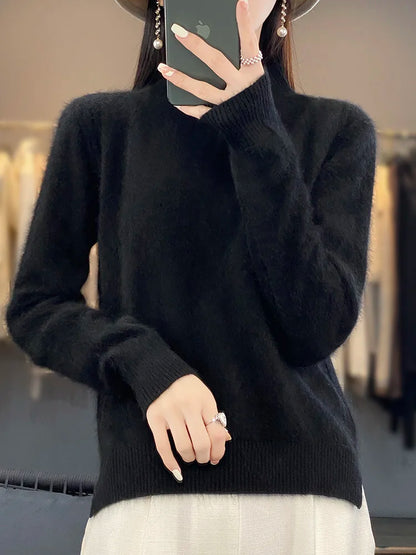 100% Mink Cashmere Sweater Women's Half High Collar Pullover Long Sleeve Cashmere Knitwear Fashion Autumn Winter Female Clothing