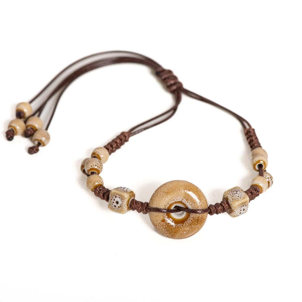 Handmade Glazed Ceramic Peace Buckle Bracelet Adjustable Vintage Boho Jewelry – S02-013