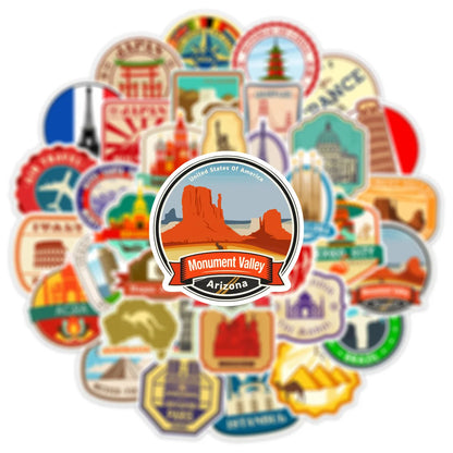 10/25/50pcs Retro World Travel Landmark Stickers Graffiti Vintage Post Stamp Style for Scrapbook Luggage Laptop Phone Car