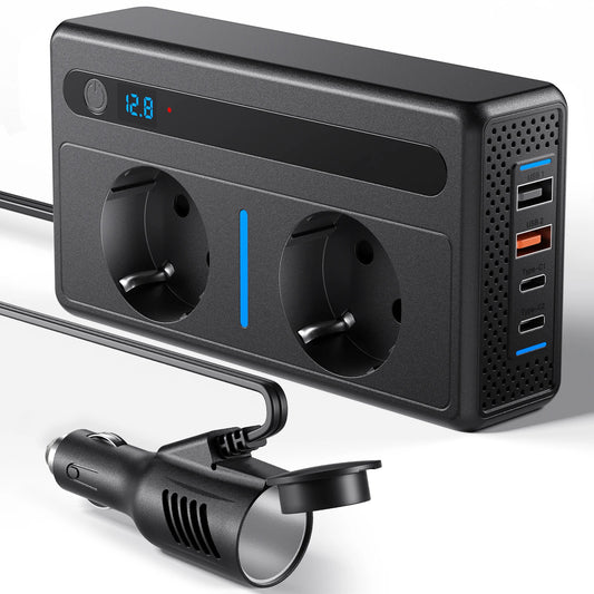 300W Vehicle Inverter, Converting 12V DC to 220V AC, Featuring Two Power Sockets and 2 USB Ports, 2 Type-C PD Ports