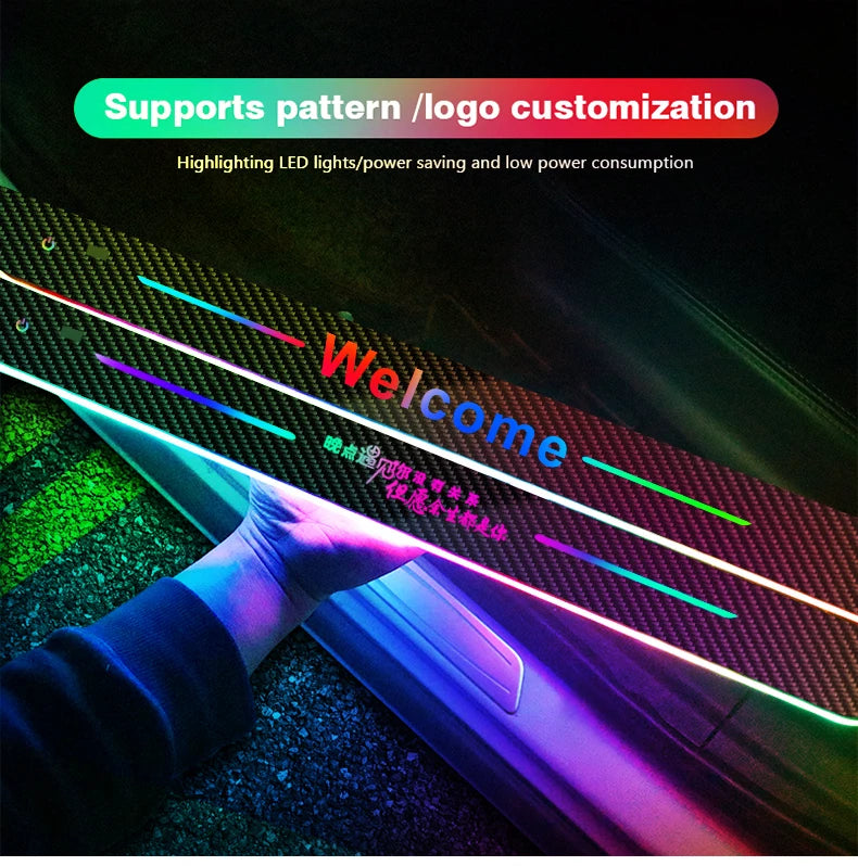 Customized Carbon fiber Car Logo Door Illuminated Sill Light Projector Lamp Power Moving LED Welcome Car Scuff Plate Pedal Light