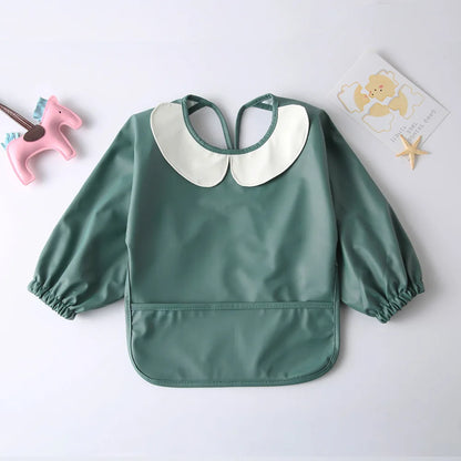 Easy Clean PU Full Sleeve Bib Baby Kids Solid Color Soft Faux Leather Children Apron Painting Meals Protection Waterproof Smock