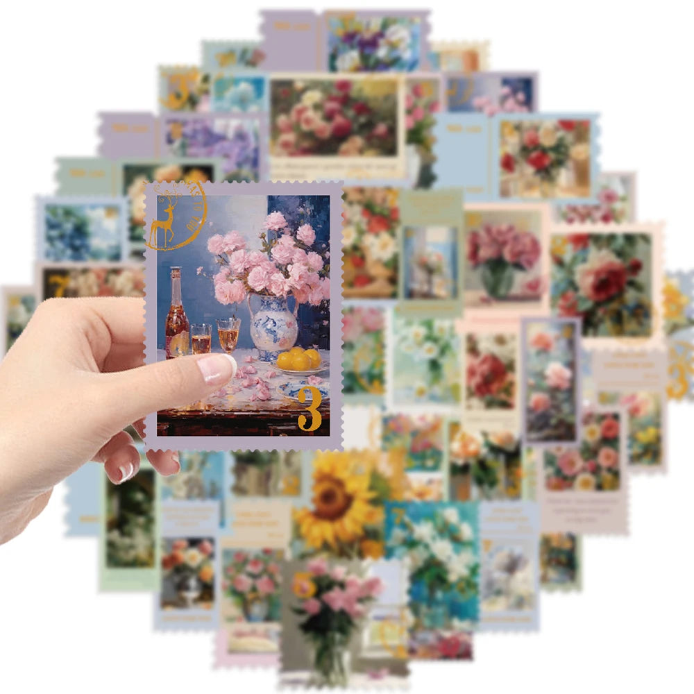 50Pcs Retro Flower Stamps Aesthetic Stickers Graffiti Decals for Scrapbooking Notebook Travel Luggage Bike Phone Sticker﻿