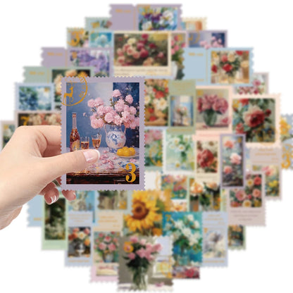 50Pcs Retro Flower Stamps Aesthetic Stickers Graffiti Decals for Scrapbooking Notebook Travel Luggage Bike Phone Sticker﻿