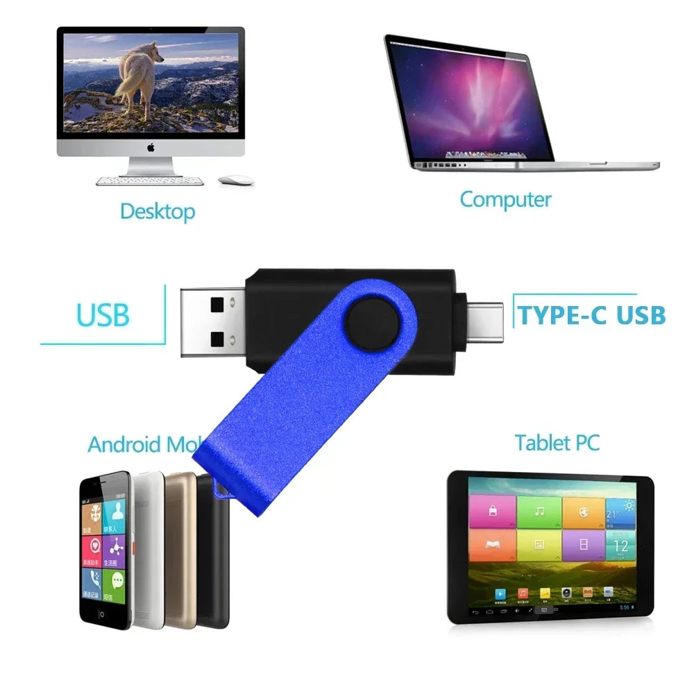 Rotable Usb Flash Drive 128GB 32GB 16GB Pen Drive 256GB Pendrive 64GB 4G OTG 2 IN 1 Memoria Usb Stick Type C Usb 2.0