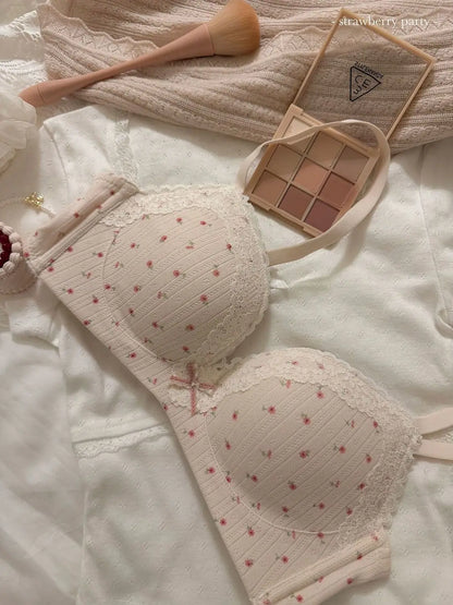 Teenage Sexy Lace Floral Bra Set Comfortable Non-steel Ring Beauty Back Small Breasts Gathered up Support Anti-Sagging Bra Set