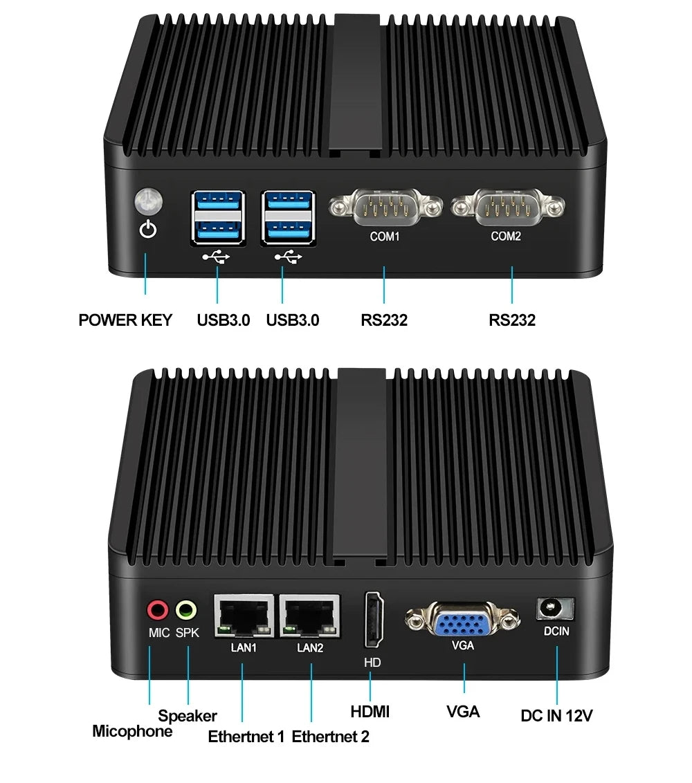 Fanless Mini Industrial PC Intel Celeron N5095 2x RS232 Serial Ports 2x Gigabit Ethernet Mini-PCIe Expansion Windows Linux