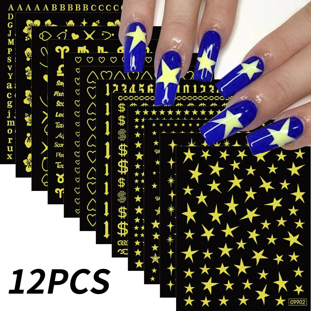 12Pcs 3D Gold Sliver Stars Nail Stickers Bronzing Starlight Nail Art Decals Self Adhesive Slider Decals DIY Nail Tips Decoration