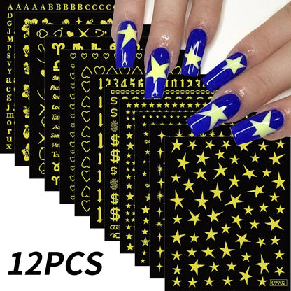 12Pcs 3D Gold Sliver Stars Nail Stickers Bronzing Starlight Nail Art Decals Self Adhesive Slider Decals DIY Nail Tips Decoration