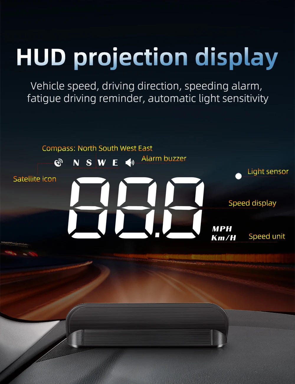 M3 HUD Obd2 Display On-board Computer Car Head-up display Windshield Big Font projection E-OBD and GPS Suitable for All Cars M1