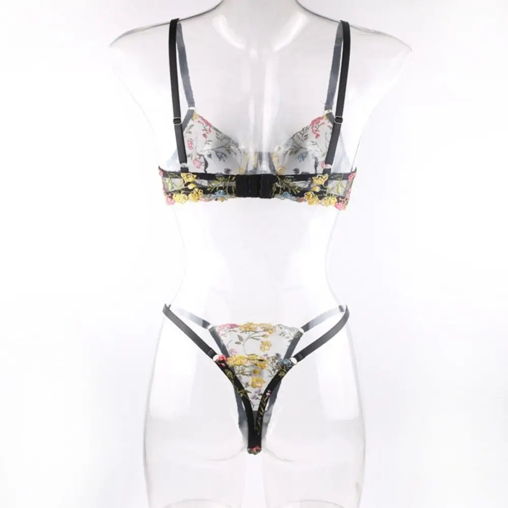 2-Piece Embroidery Lingerie Set Sexy Floral Sheer Wireless Bra Boho Bra Panty Set