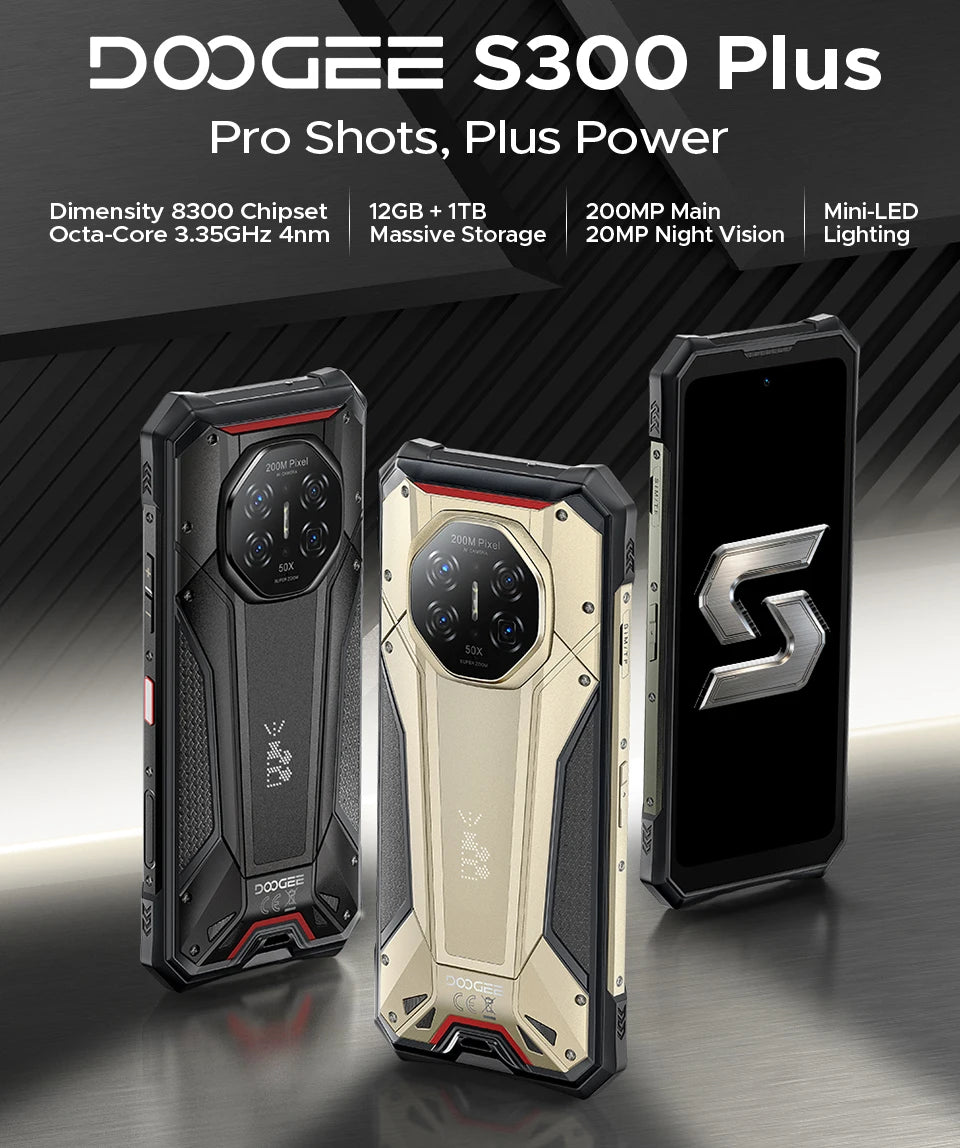 DOOGEE S300 Plus 5G Rugged Phone Dimensity 8300 12GB 1TB 11000mAh 120W 6.78'' Screen 200MP Camera Android 16 Smartphone NFC