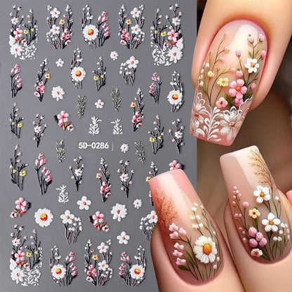 5D Hibiscus Flower Nail Embossed Sticker Acrylic Pink White Gold Petal Leaf Adhesive Decal Butterfly Dragon Floral Elegant Decor