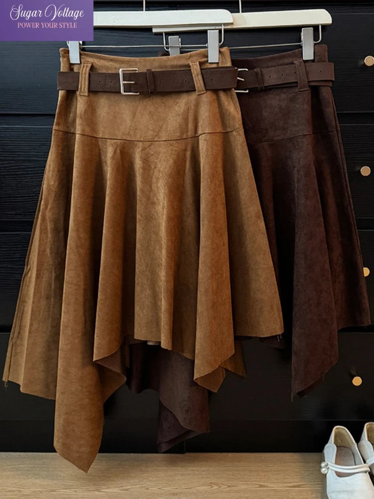 French Fashion Y2K Vintage Harajuku Suede Skirts Women Slim Fit Irregular High Waist A-Line Skirts Casual Elegant Pleated Skirts