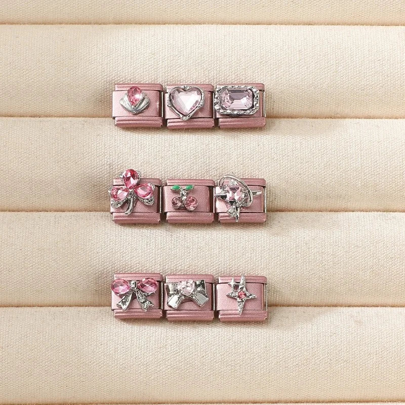 2025 New Women Romantic Pink Cherry Heart Shiny CZ Italian Charm Links Fit 9mm Bracelet Stainless Steel DIY Making Jewelry Gifts