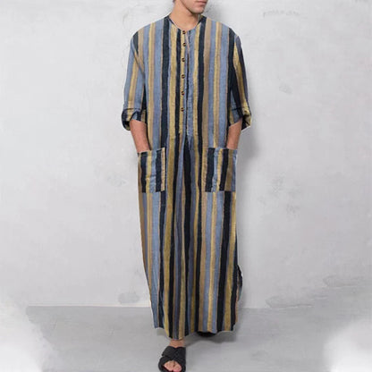 New Men Islam Qamis Muslim Striped Robes Long Sleeve Button-down Arabian Kaftan Suit Middle East Dubai Abaya Summer Man Clothing