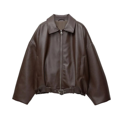Street Women's Belt Leather Jackets Loose Lapel Zipper Long Sleeve Pockets Female Coats 2026 Autumn Lady Fashion Y2k Outwear
