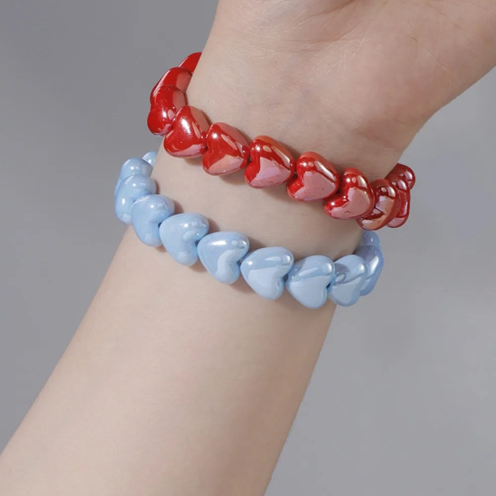 Sweet Fashion Dopamine Colorful Glossy Resin Heart Handmade Bead Elastic Bracelets for Women Summer Beach Stackable Jewelry Gift